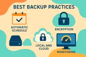 Nowoczesne najlepsze praktyki backupu Infografika pokazująca harmonogram automatycznego backupu, szyfrowanie danych, kopie lokalne i w chmurze, oraz monitorowanie stanu dysków